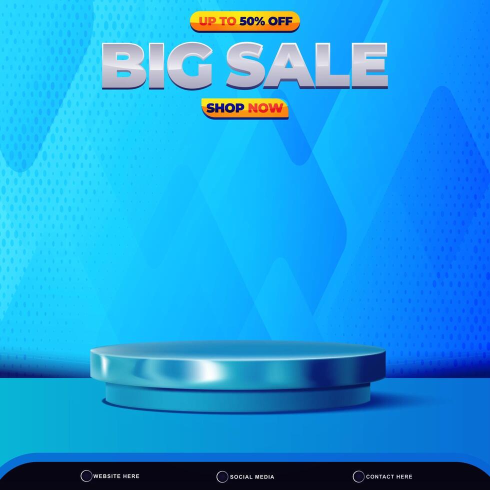 3d big sale banner social media template post with blank space podium for product with abstract gradient blue background design vector