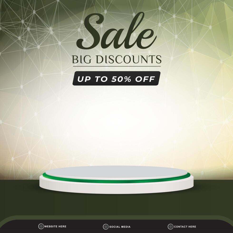 3d big discount sale banner social media template post with blank space podium for product with gradient abstract green and white background vector