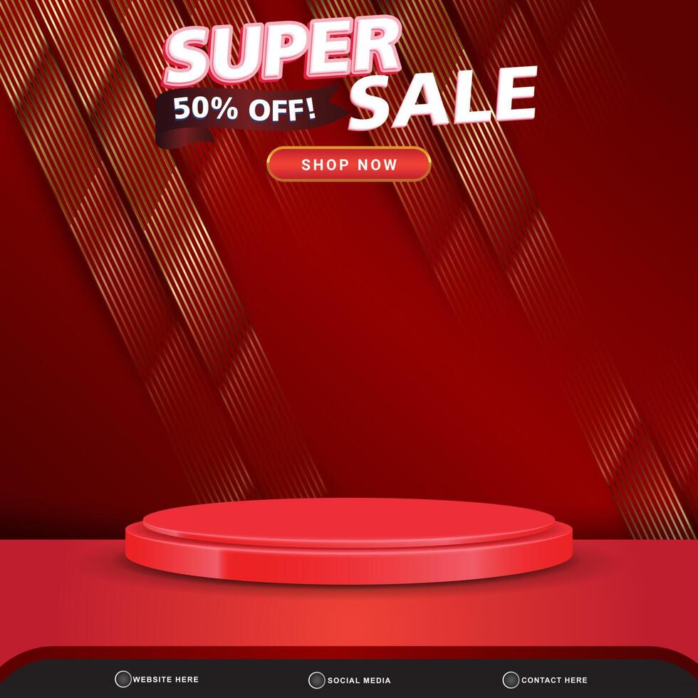 flash sale banner social media template post with blank space 3d podium for product with abstract gradient red colour background design vector