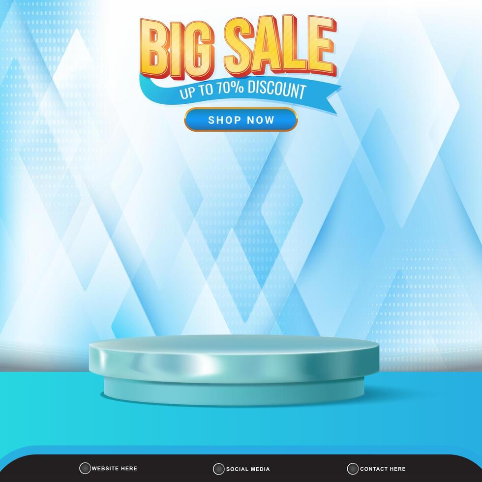 3d big sale banner social media template post with blank space podium for product with abstract gradient blue and white background design vector