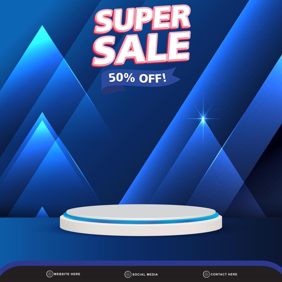 3d super sale banner social media template post with blank space podium for product with gradient dark blue background vector