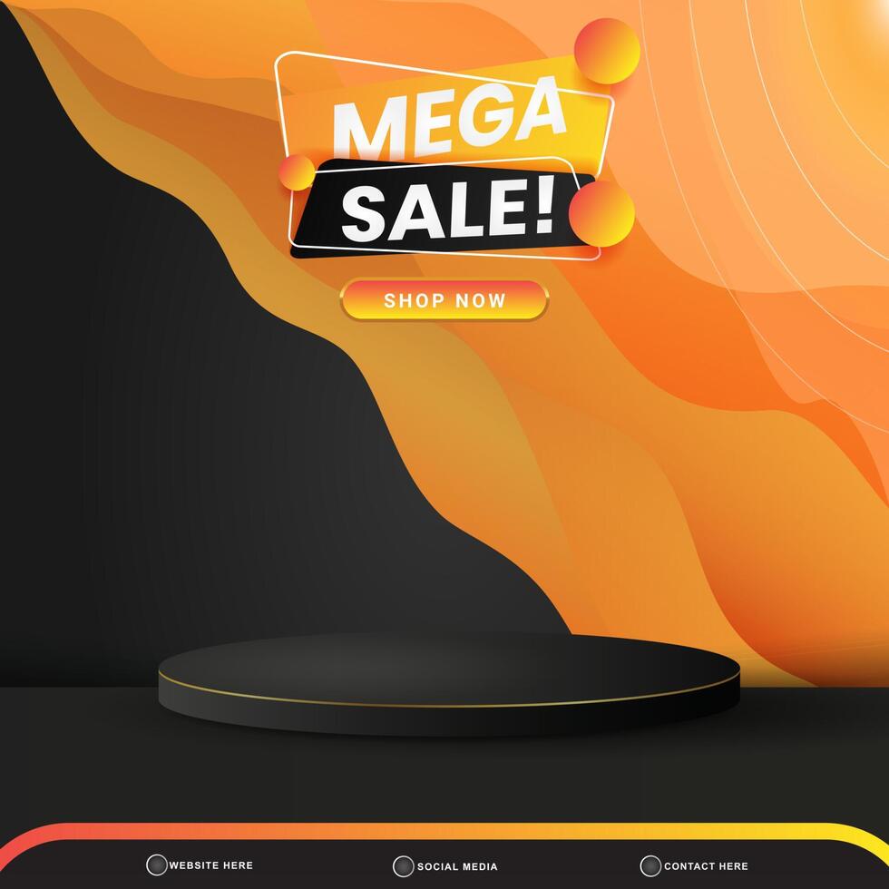 mega sale banner social media template post with blank space 3d podium for product with abstract gradient black and orange background design vector