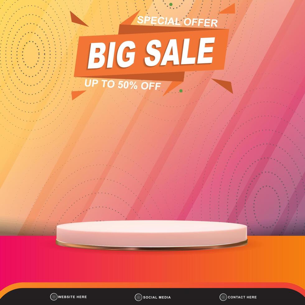 special offer big sale banner social media template post with blank space 3d podium for product with abstract gradient pink and yellow background design vector