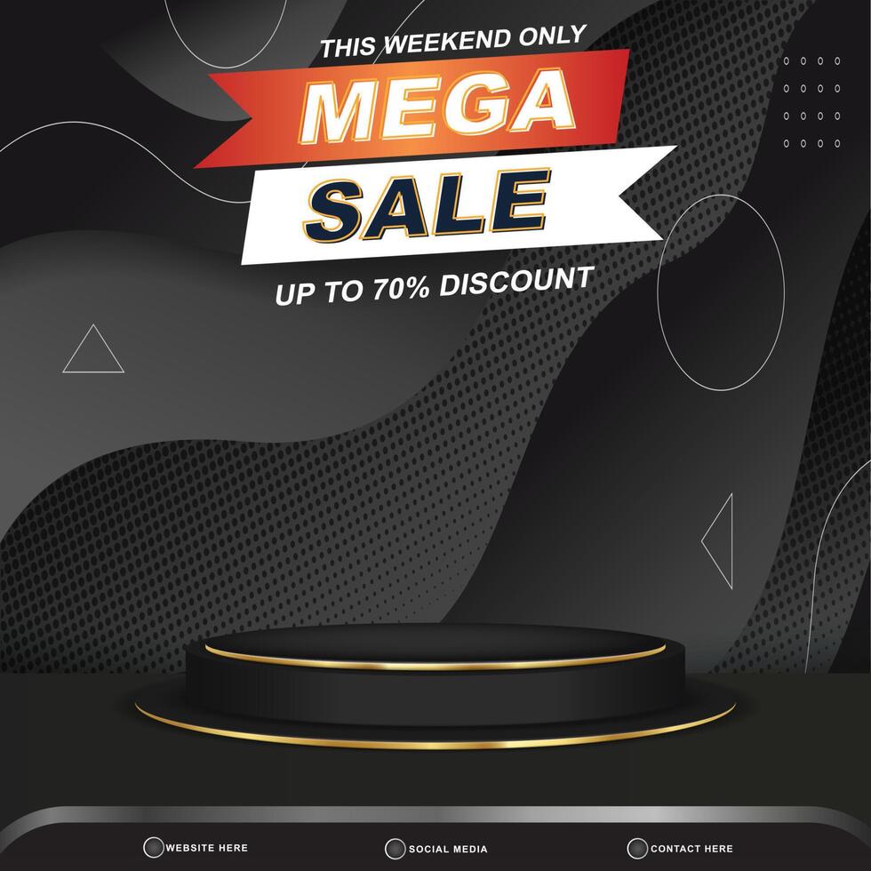 mega sale discount banner social media template post with blank space 3d podium for product with abstract gradient black background design vector