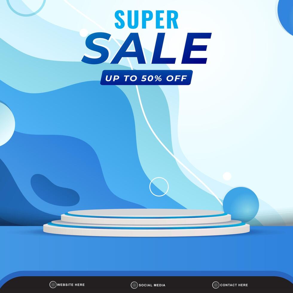 3d super sale banner social media template post with blank space podium for product with gradient blue and white background vector