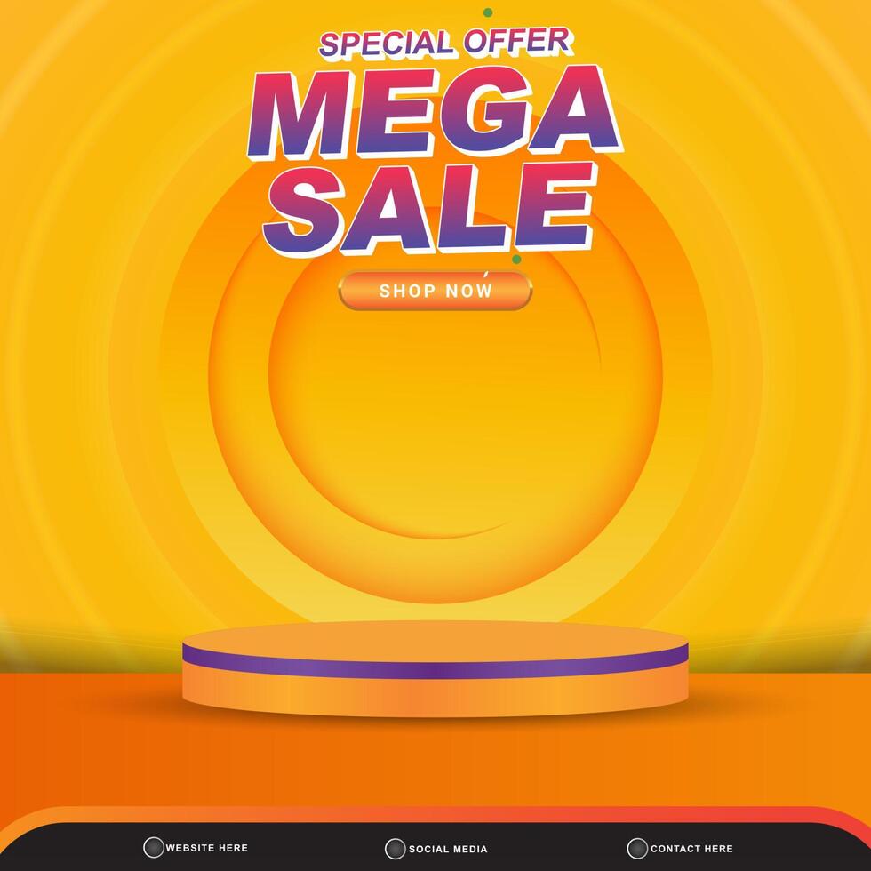 special offer mega sale banner social media template post with blank space 3d podium for product with abstract gradient orange and yellow background design vector
