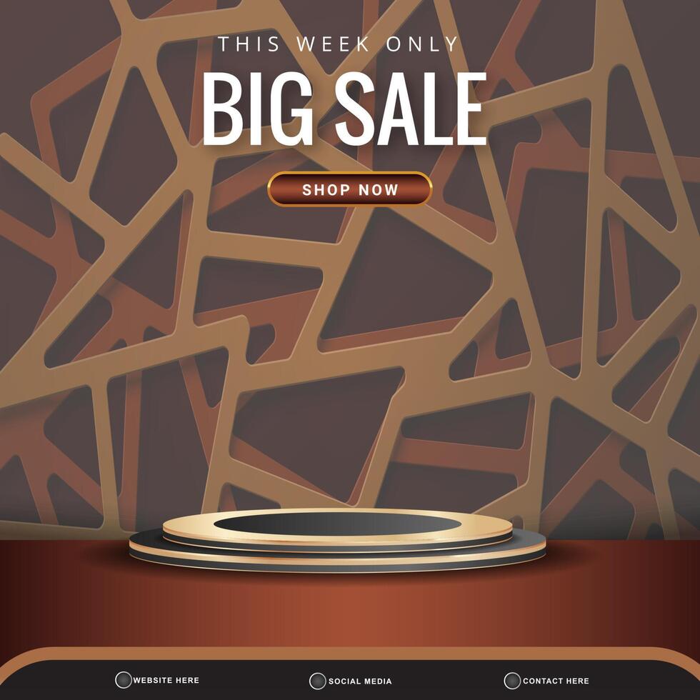 3d big sale banner social media template post with blank space podium for product with gradient abstract brown background vector