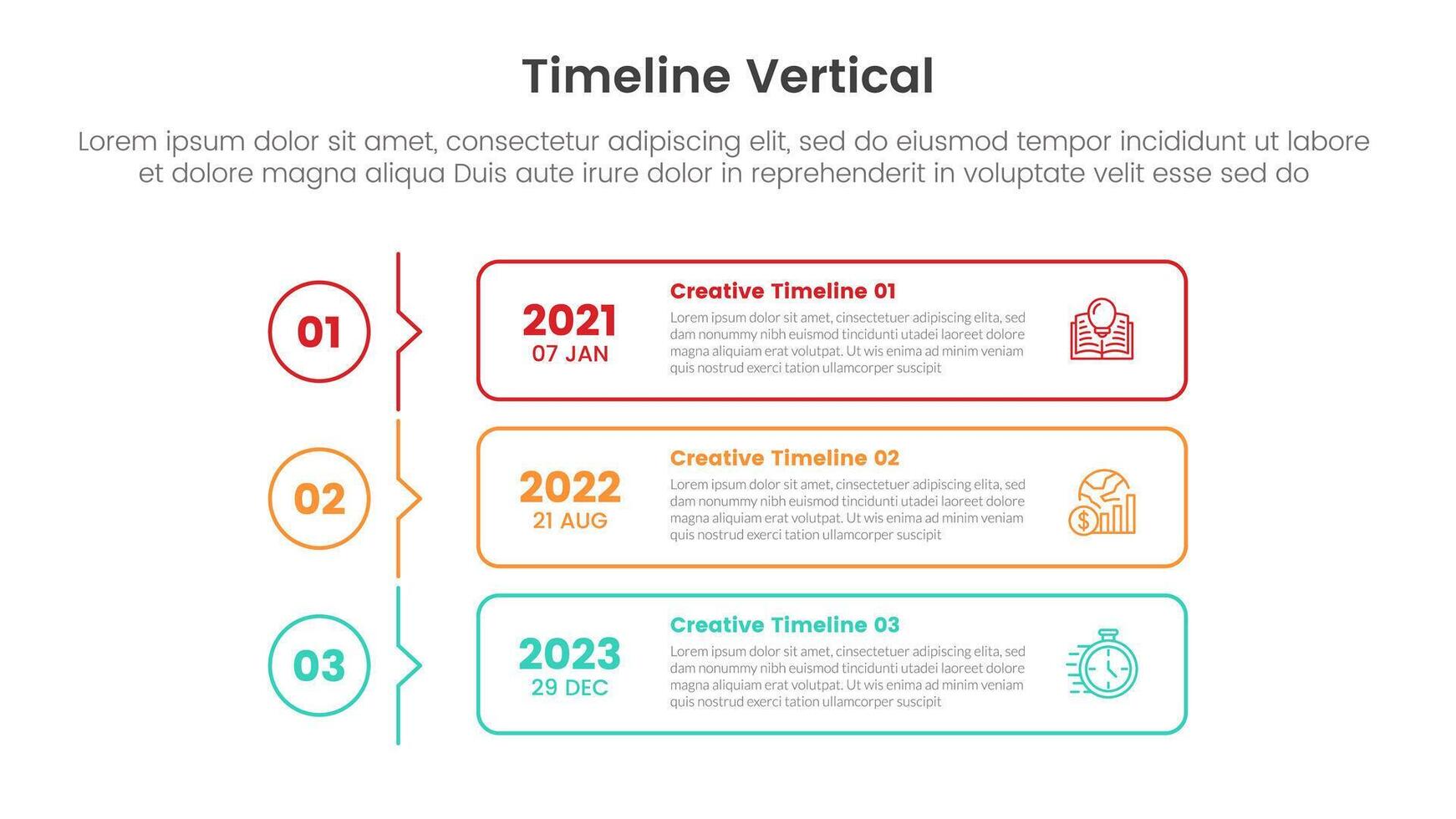 vertical timeline milestone infographic template banner with outline box and circle with arrow thin line with 3 point list information for slide presentation vector