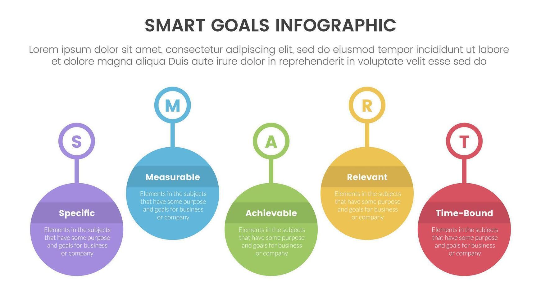 SMART goals setting framework infographic with timeline big circle outline badge up and down with 5 step points for slide presentation vector