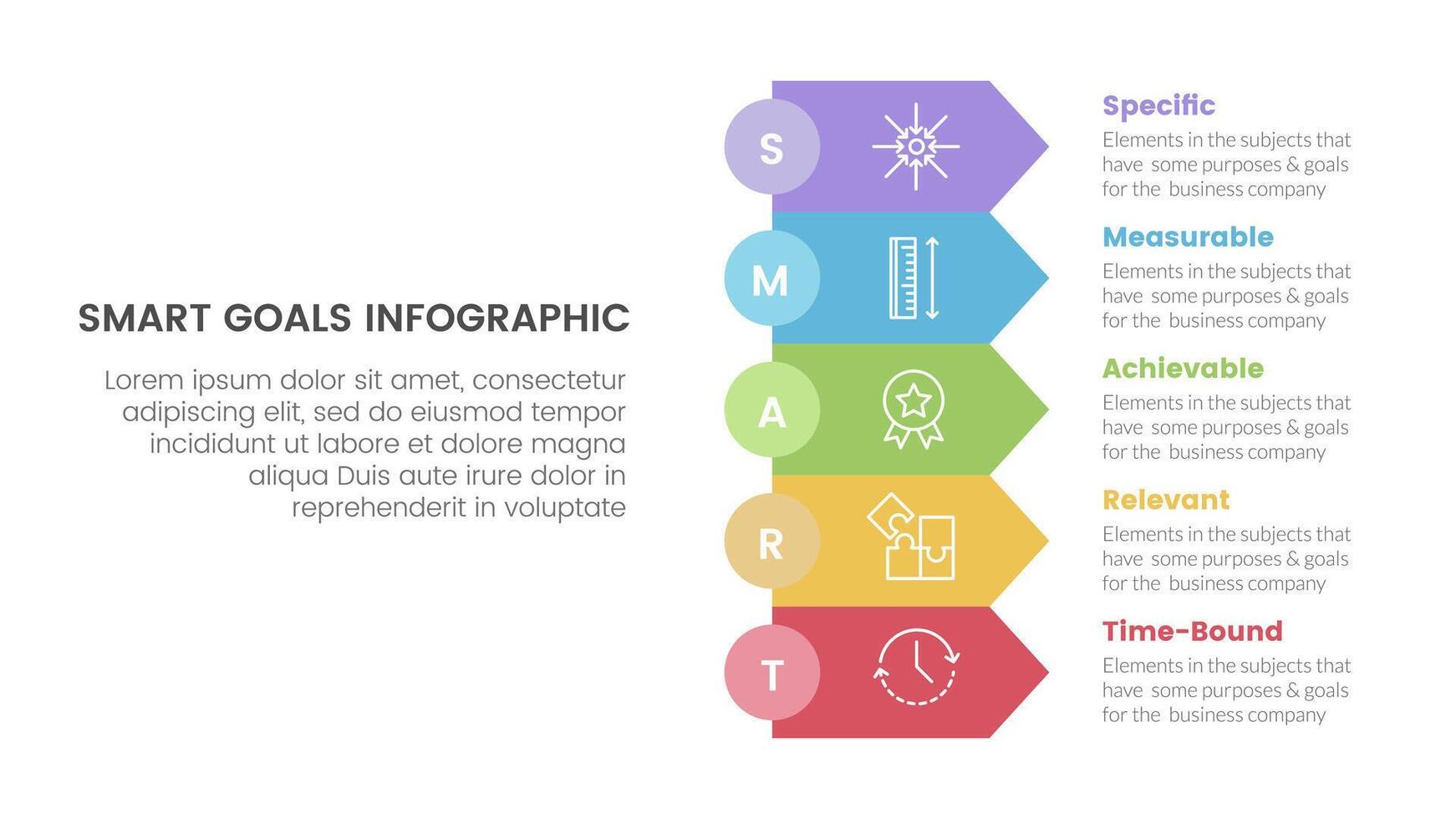 SMART goals setting framework infographic with rectangle arrow stack with 5 step points for slide presentation vector