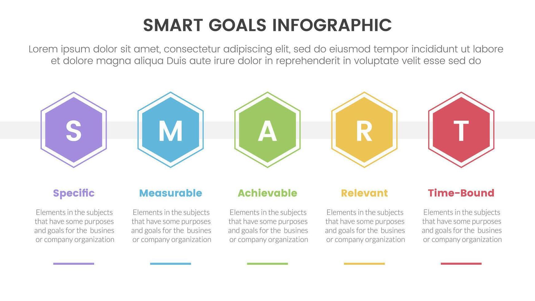 SMART goals setting framework infographic with honeycomb hexagon shape horizontal with 5 step points for slide presentation vector