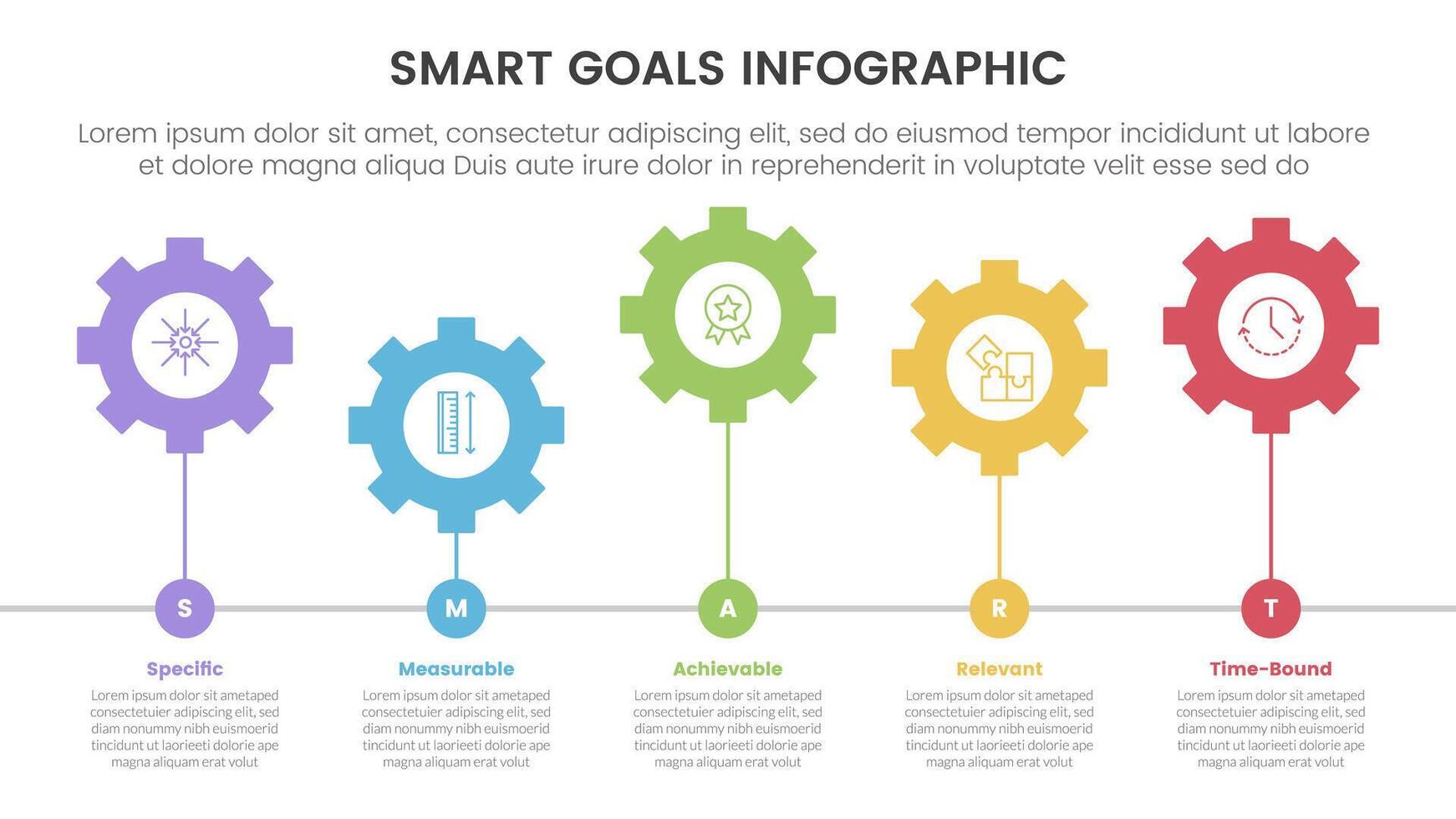 SMART goals setting framework infographic with gear on horizontal line with 5 step points for slide presentation vector