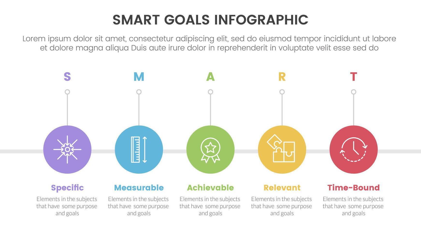 SMART goals setting framework infographic with timeline circle right direction with 5 step points for slide presentation vector