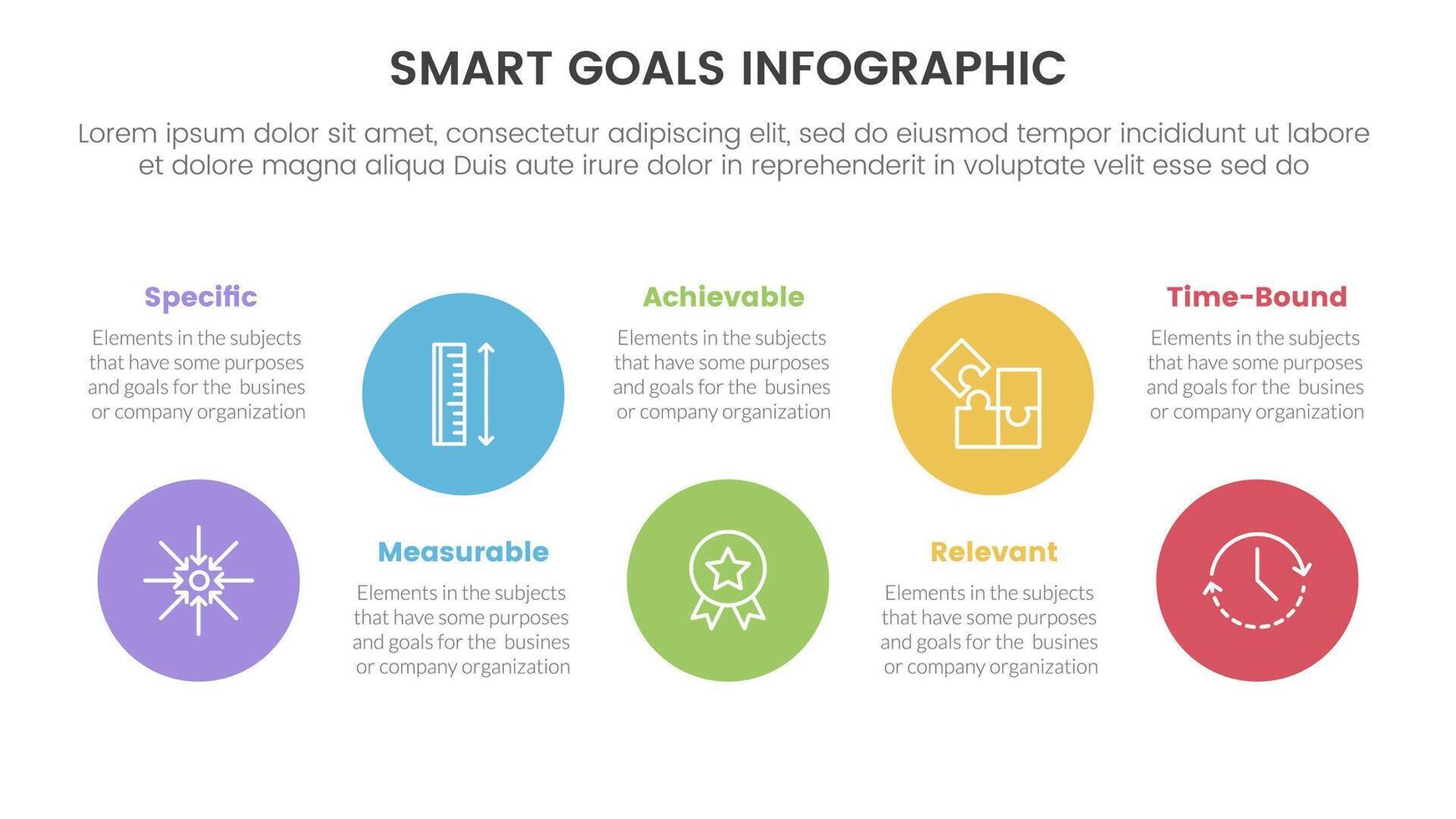 SMART goals setting framework infographic with big circle timeline ups and down with 5 step points for slide presentation vector