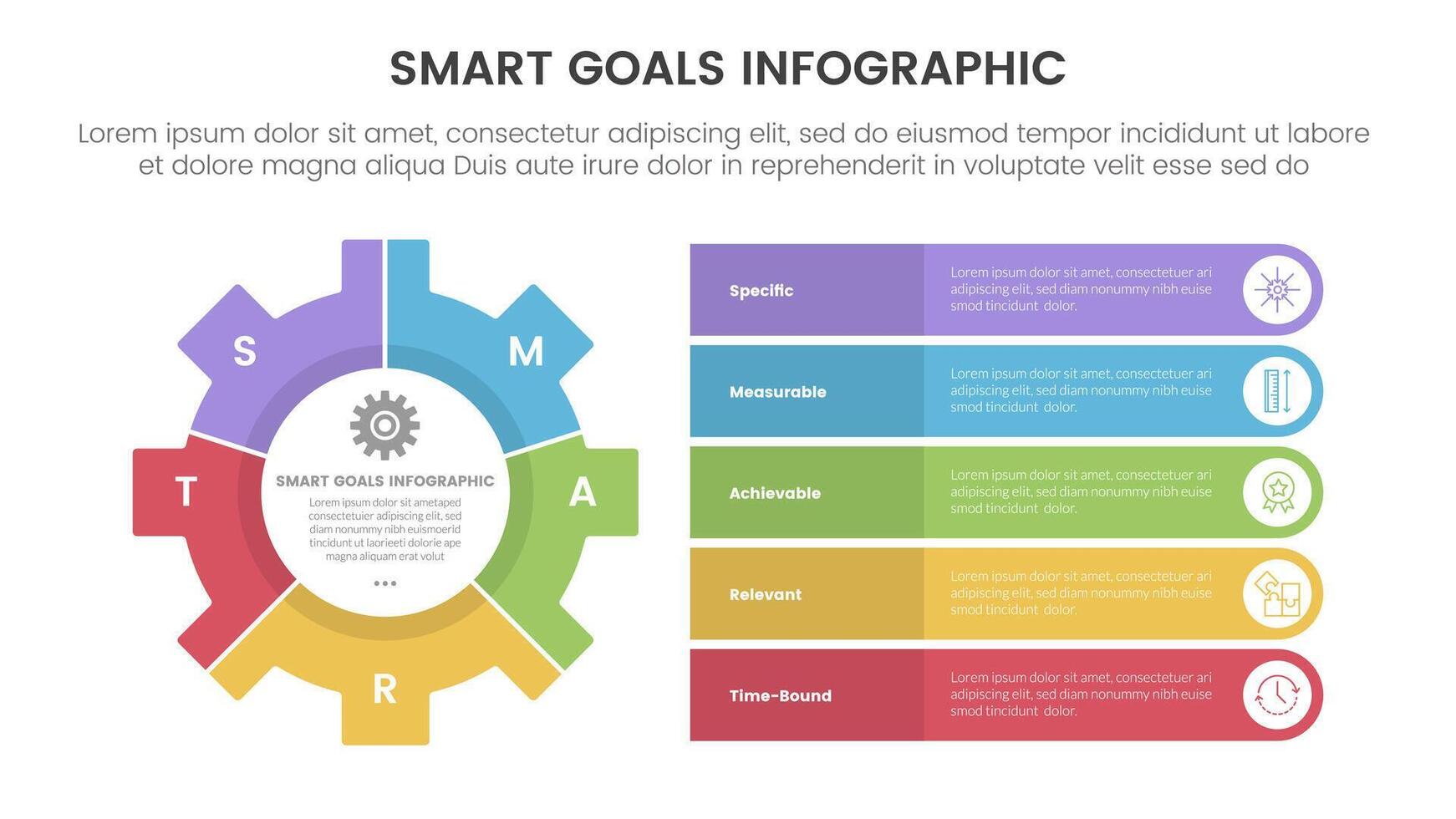 SMART goals setting framework infographic with big gear on left and round rectangle stack with 5 step points for slide presentation vector