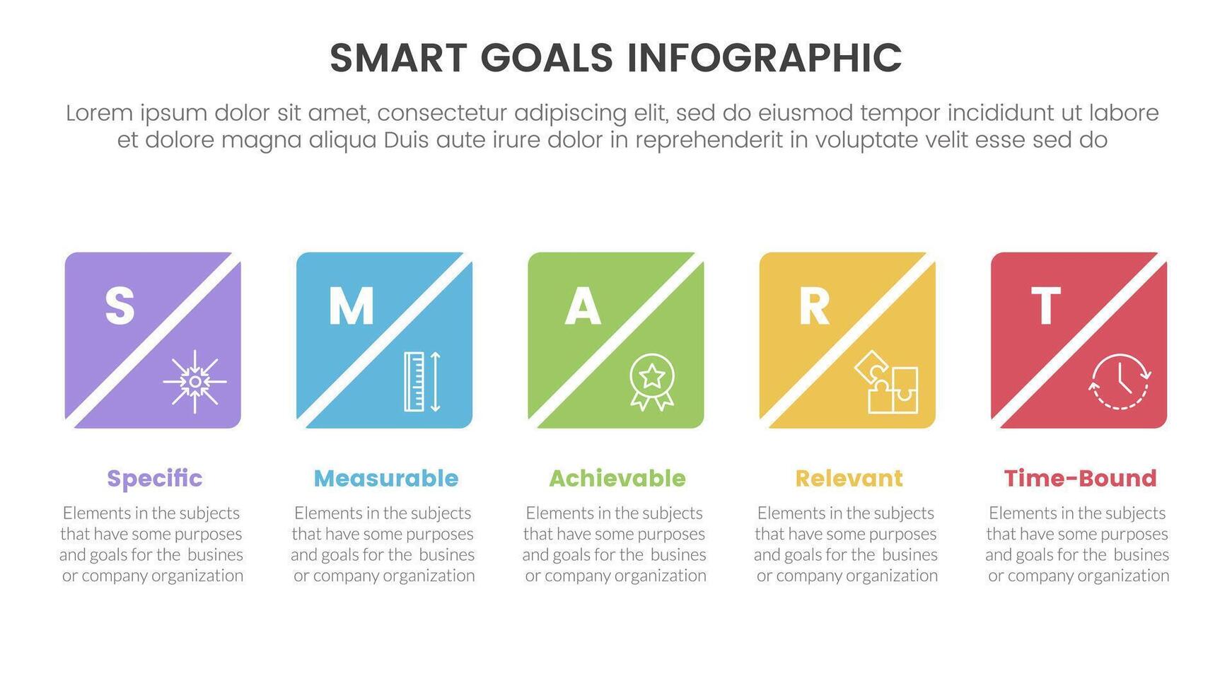 SMART goals setting framework infographic with creative square box slice timeline horizontal with 5 step points for slide presentation vector