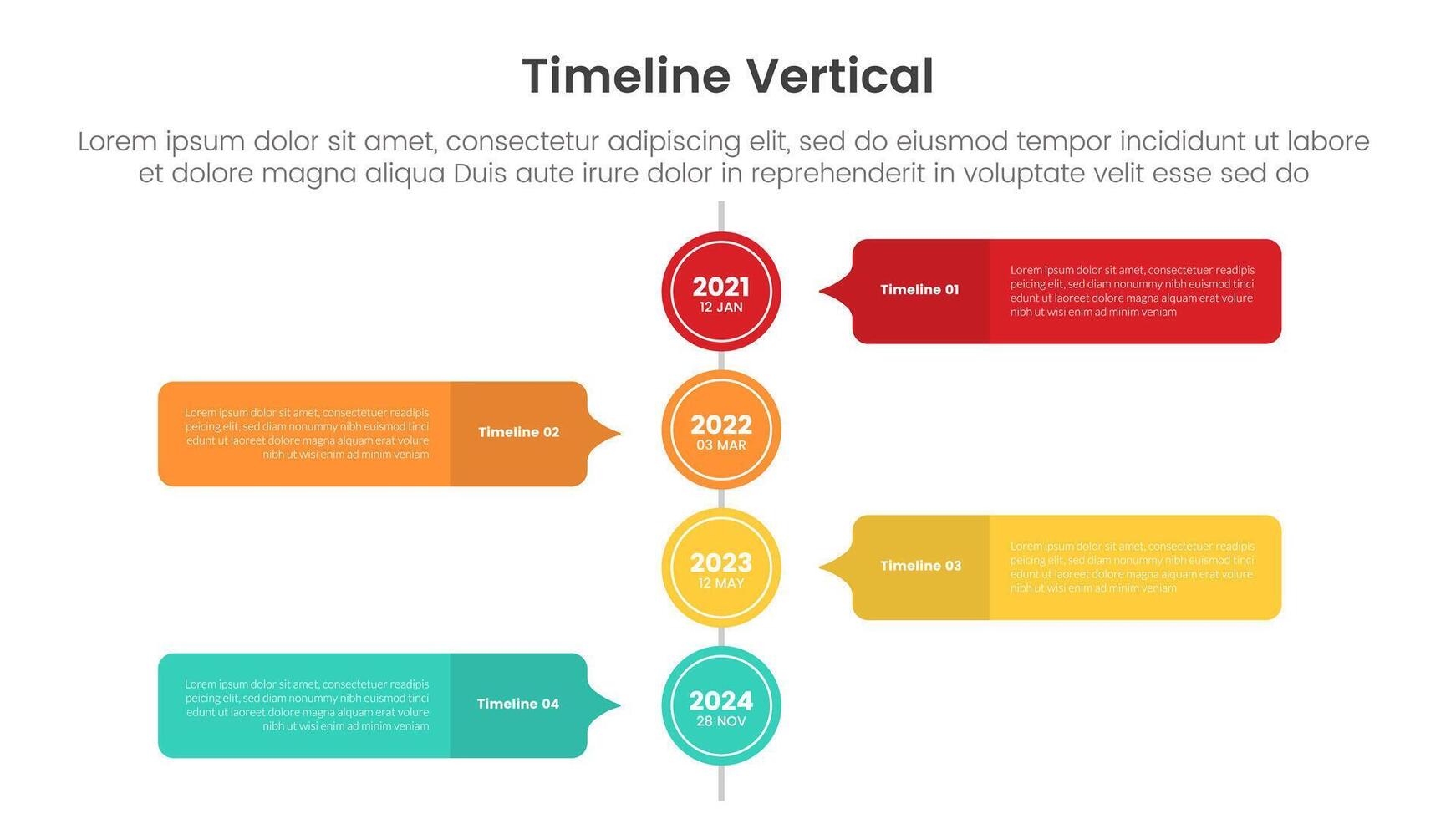 vertical timeline milestone infographic template banner with big circle and callout comment box with 4 point list information for slide presentation vector