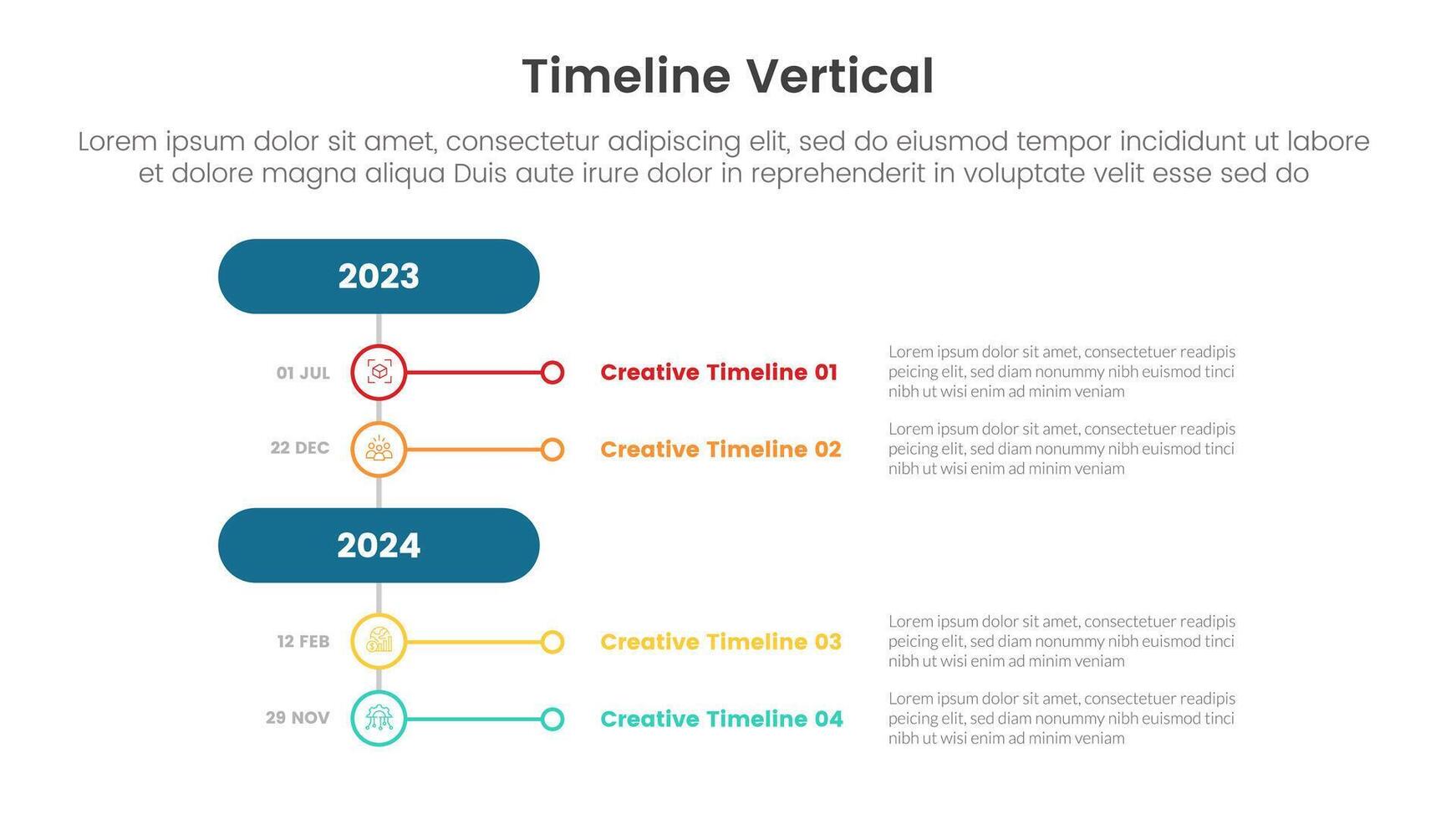 vertical timeline milestone infographic template banner with round rectangle and small circle divison with 4 point list information for slide presentation vector