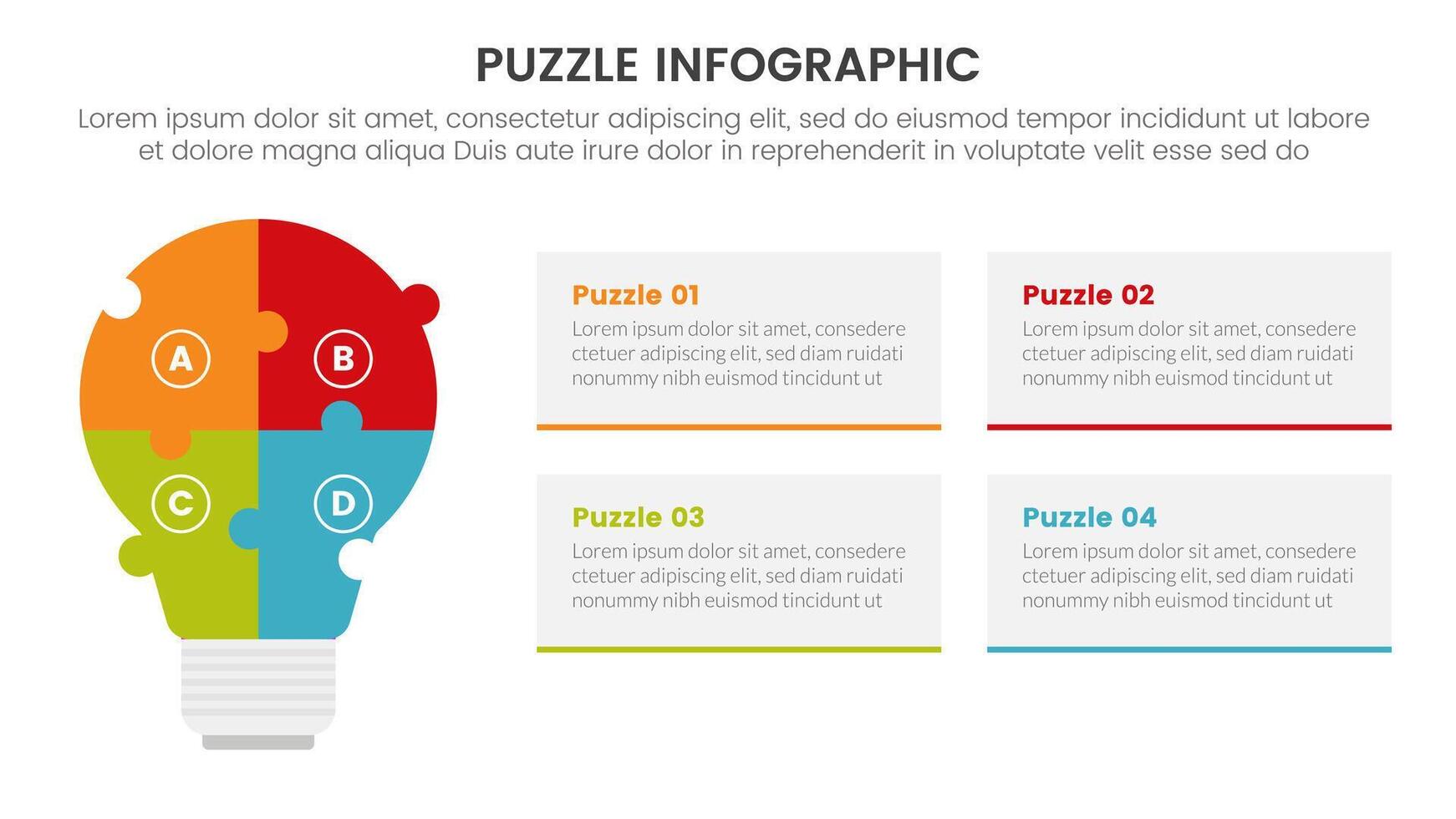 puzzle jigsaw infographic 4 point stage template with idea lamp shape for creativity with description for slide presentation vector