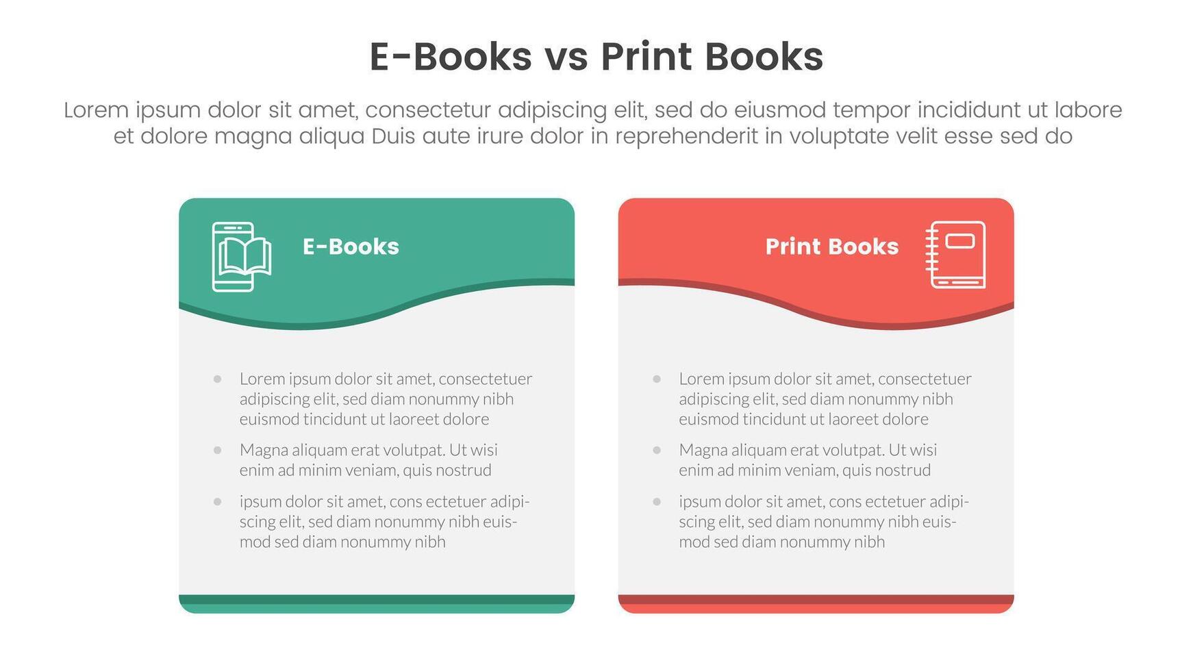 ebook vs physical book comparison concept for infographic template banner with wave swirl curve table box with two point list information vector