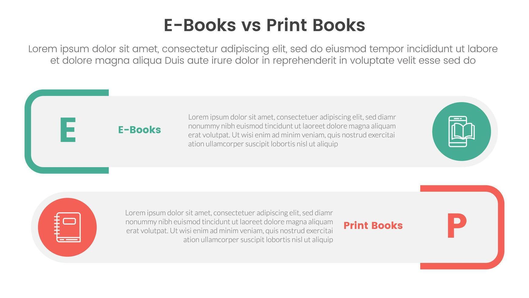 ebook vs physical book comparison concept for infographic template banner with round rectangle box stack with two point list information vector