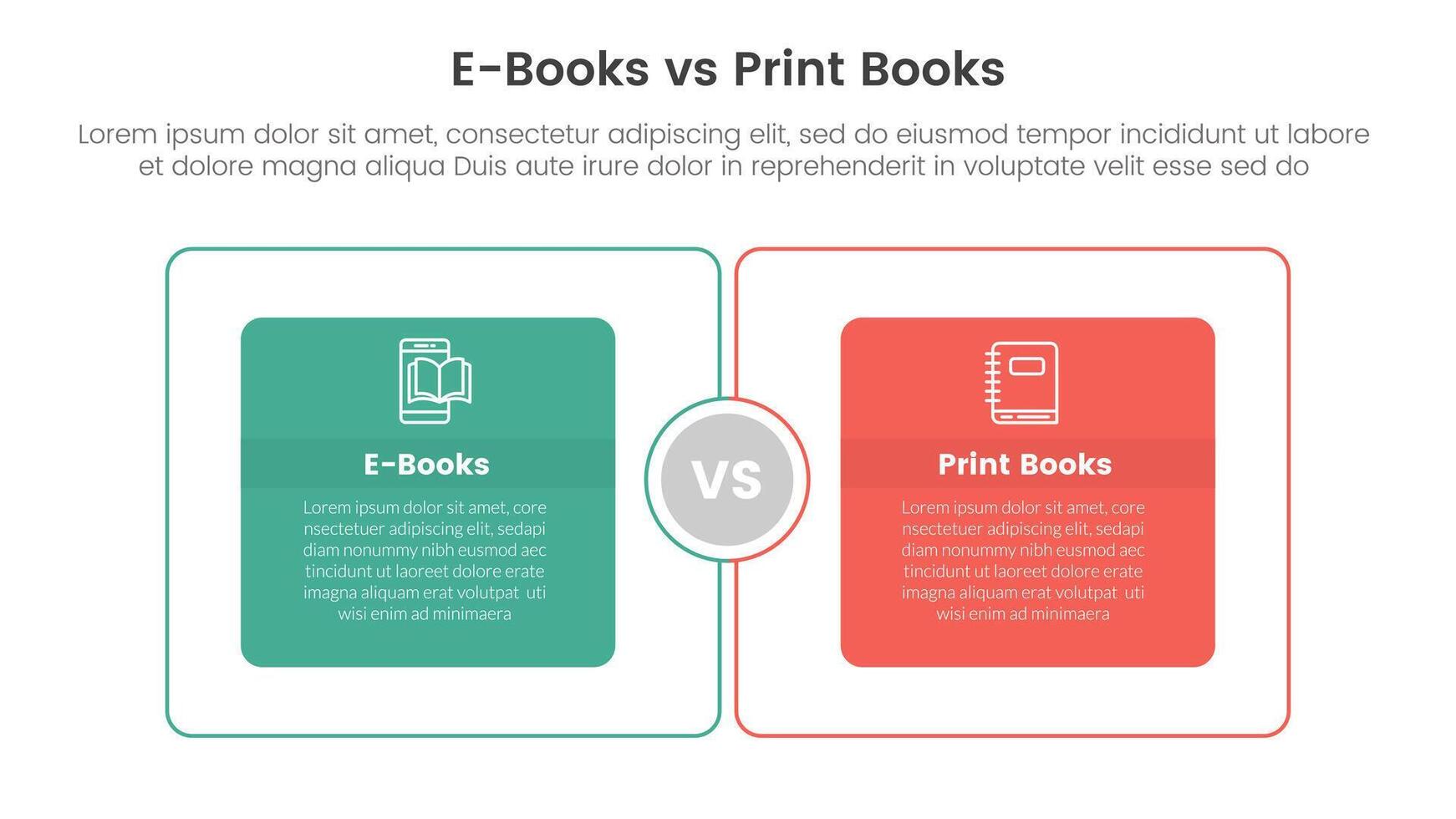ebook vs physical book comparison concept for infographic template banner with big outline box circular with two point list information vector