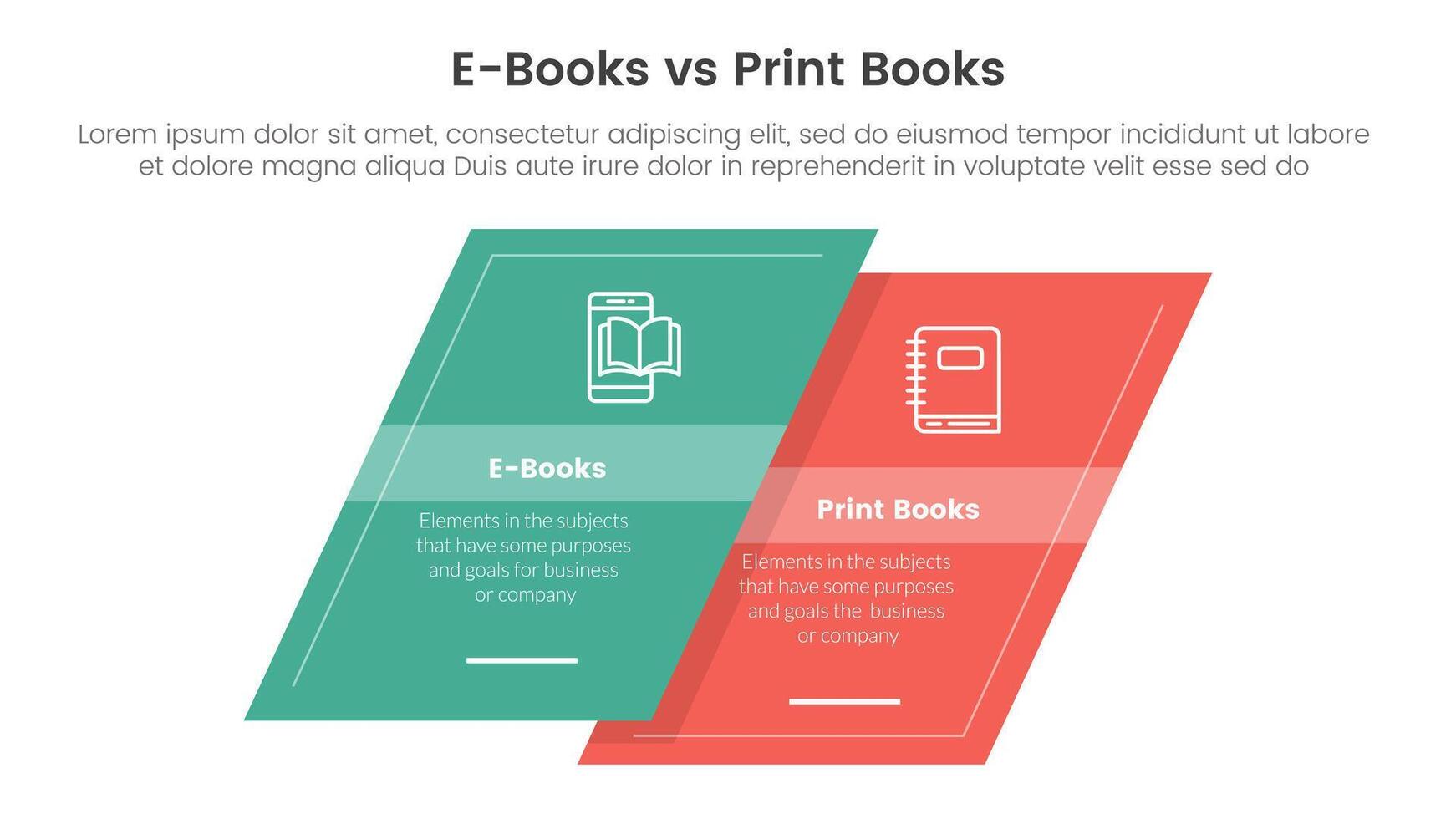 ebook vs physical book comparison concept for infographic template banner with skewed square shape with two point list information vector
