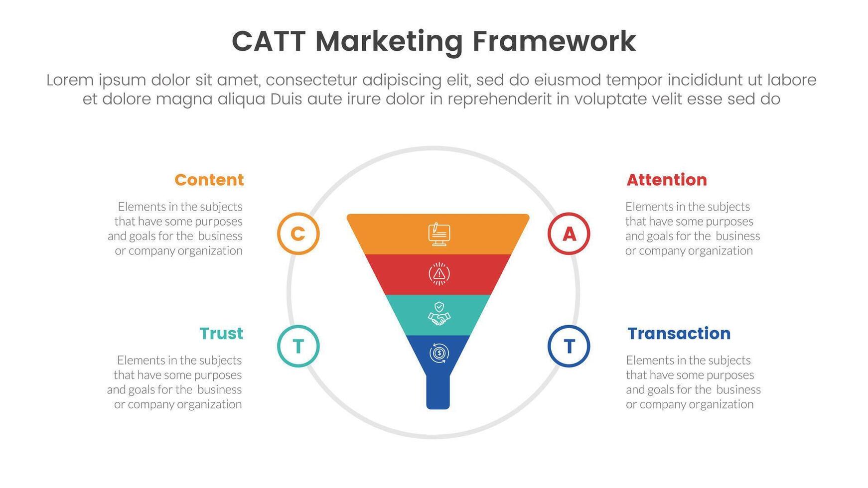 catt marketing framework infographic 4 point stage template with funnel on big circle for slide presentation vector