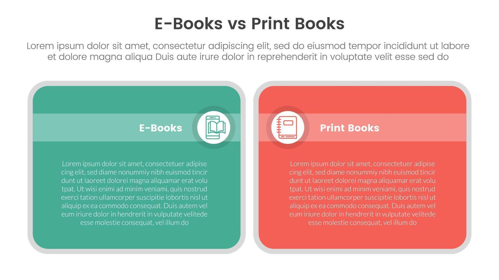 ebook vs physical book comparison concept for infographic template banner with big round box table with two point list information vector