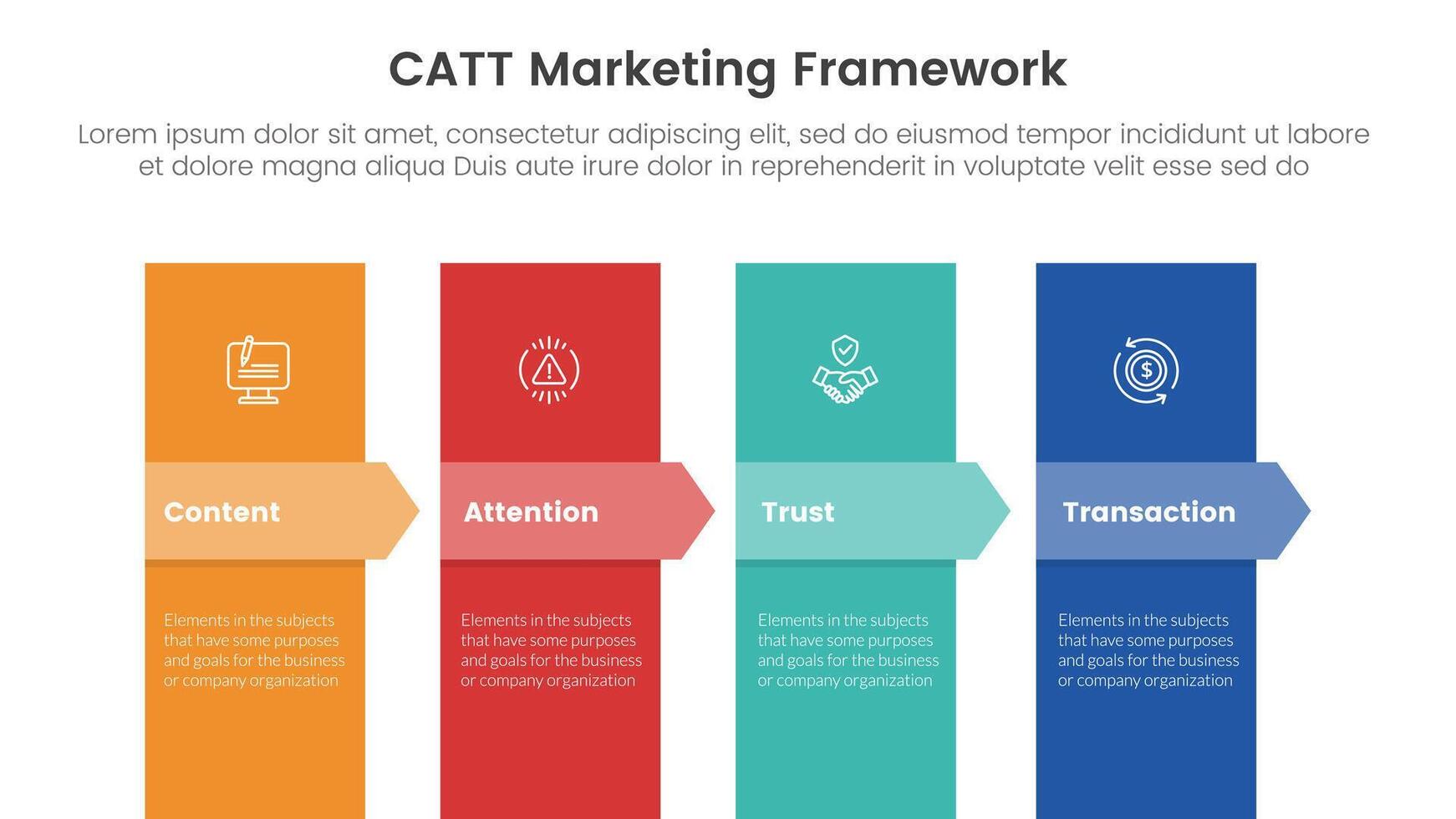 catt marketing framework infographic 4 point stage template with vertical box and arrow badge header for slide presentation vector