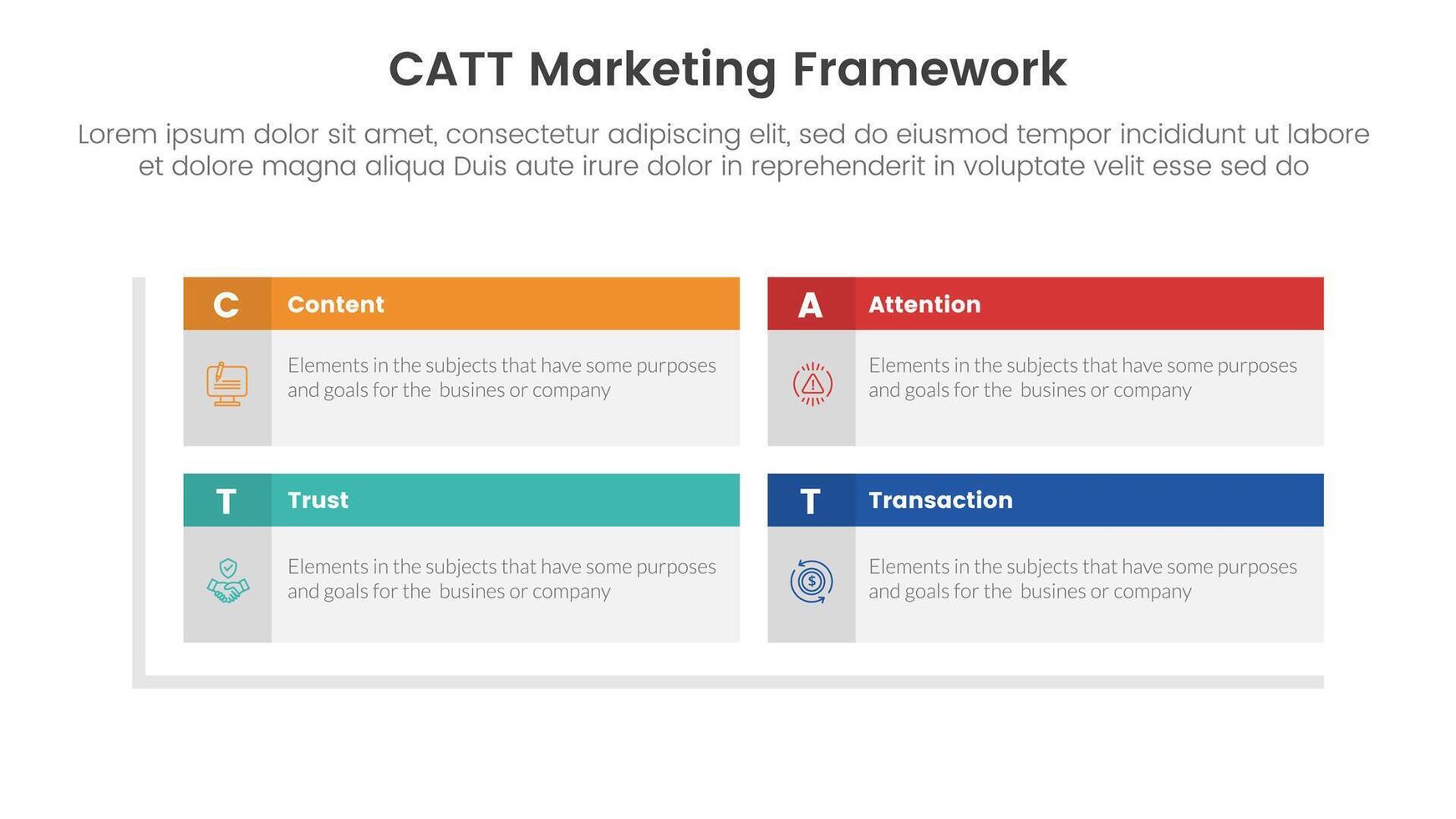 catt marketing framework infographic 4 point stage template with rectangle box table header matrix structure for slide presentation vector