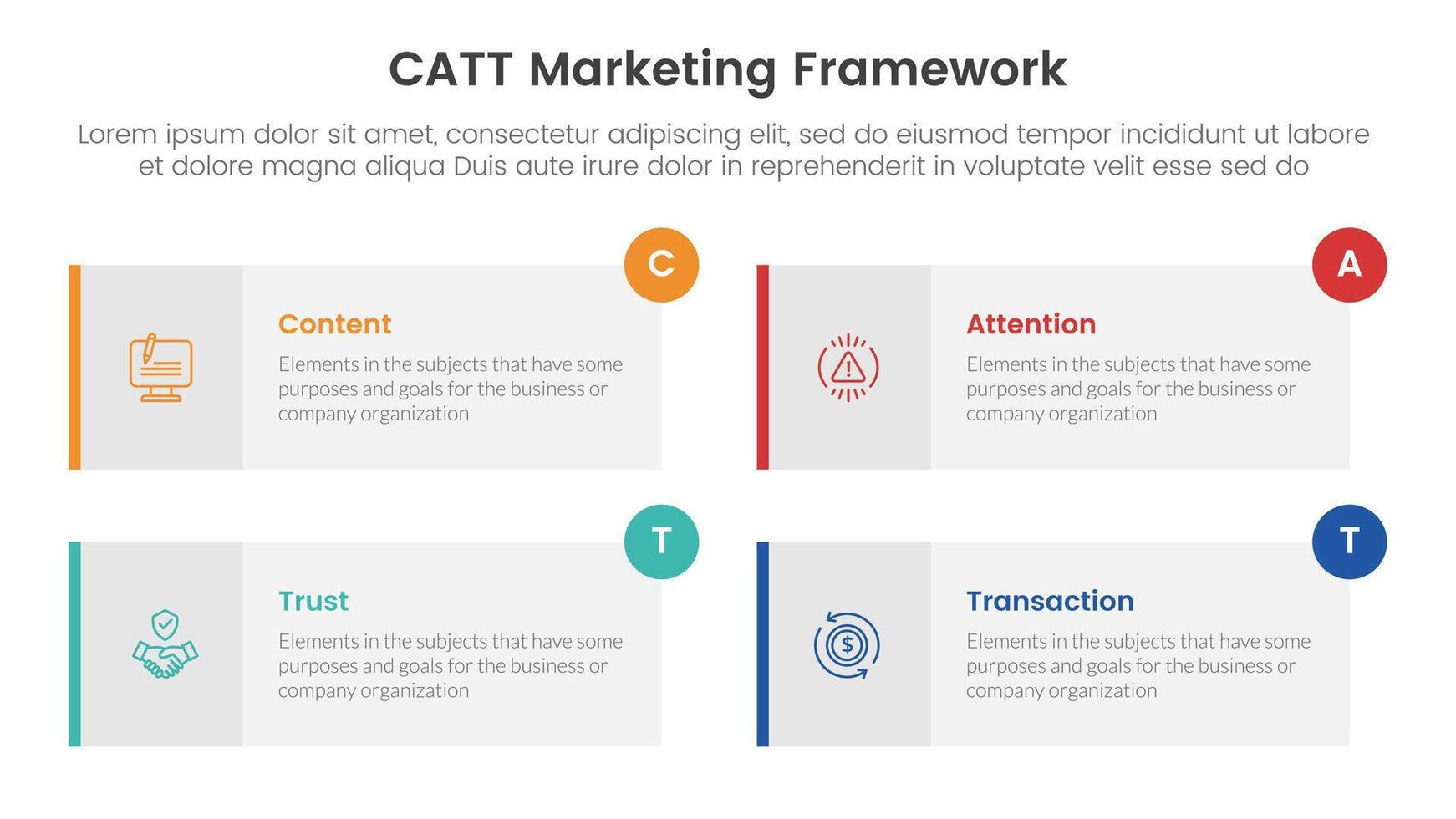 catt marketing framework infographic 4 point stage template with long rectangle box symmetric circle badge for slide presentation vector