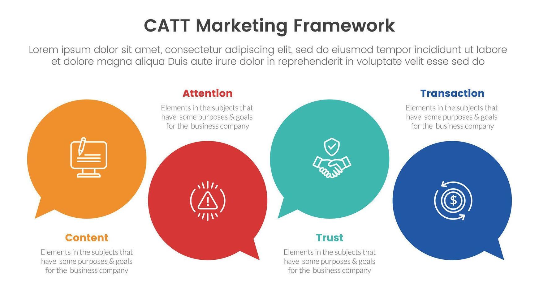 catt marketing framework infographic 4 point stage template with circle comment callout for slide presentation vector