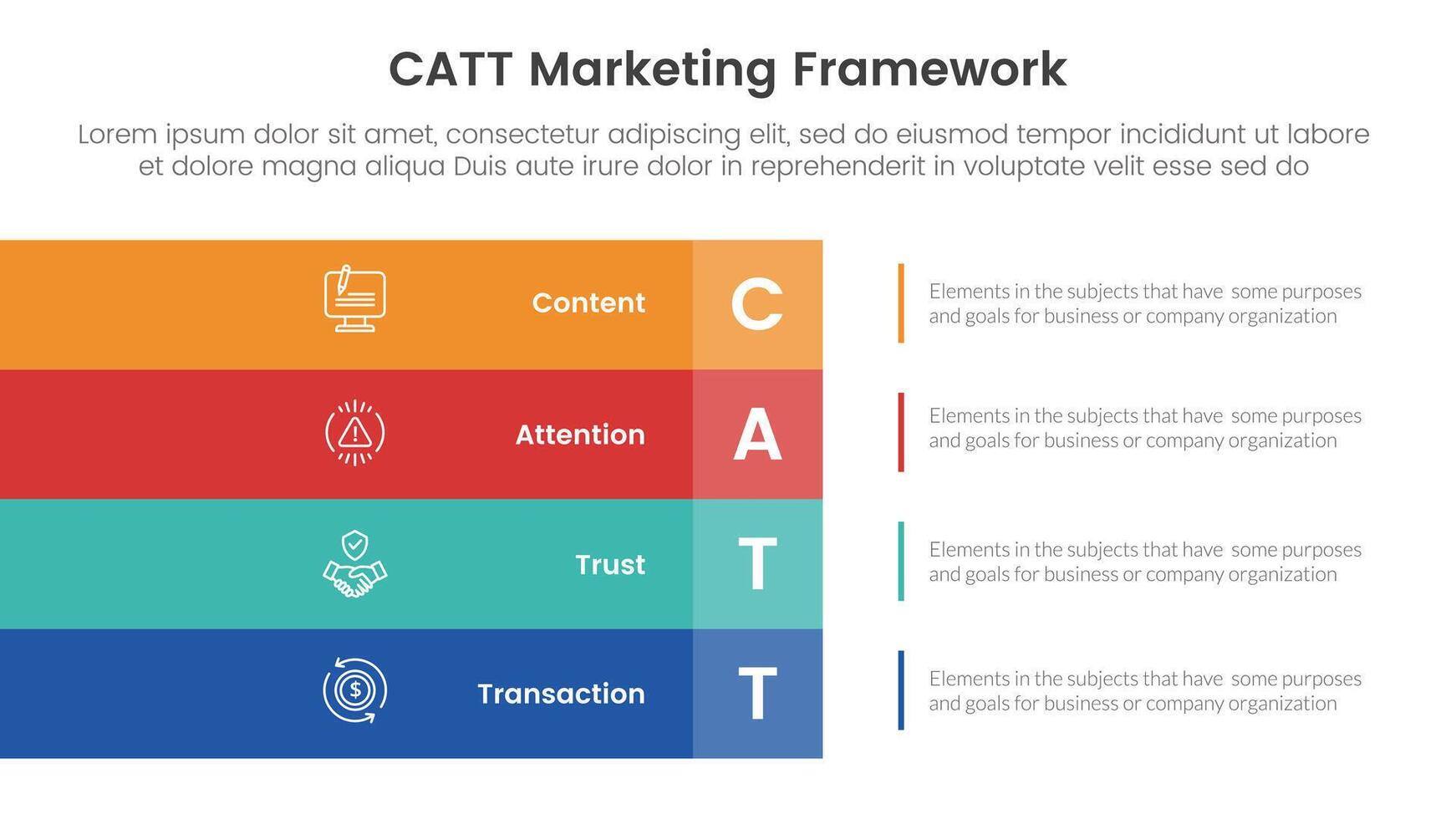 catt marketing framework infographic 4 point stage template with big rectangle box vertical stack on left layout for slide presentation vector