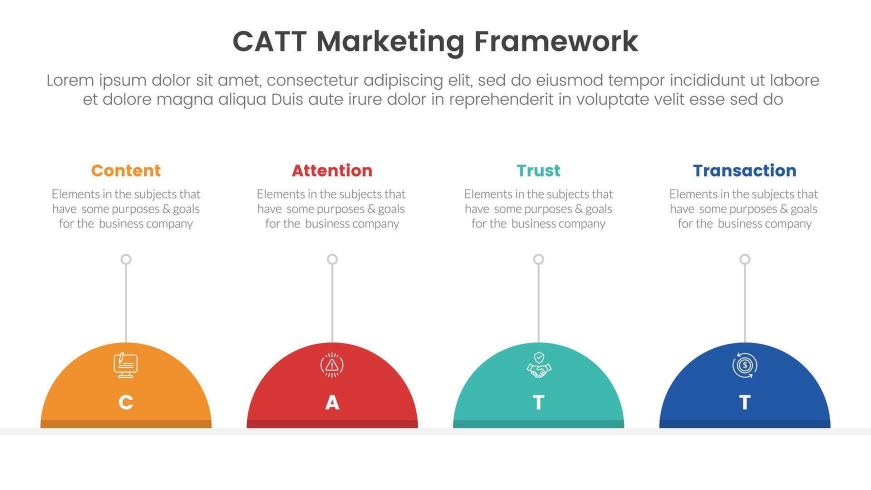catt marketing framework infographic 4 point stage template with half circle and line description for slide presentation vector