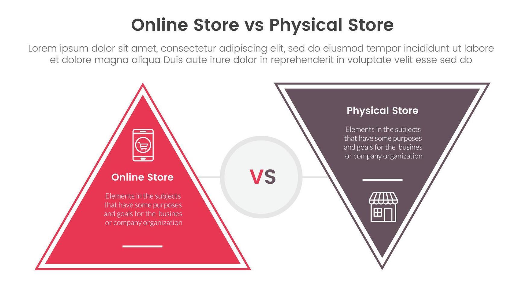 online store vs brick mortar or physical store comparison concept for infographic template banner with triangle shape reverse with two point list information vector