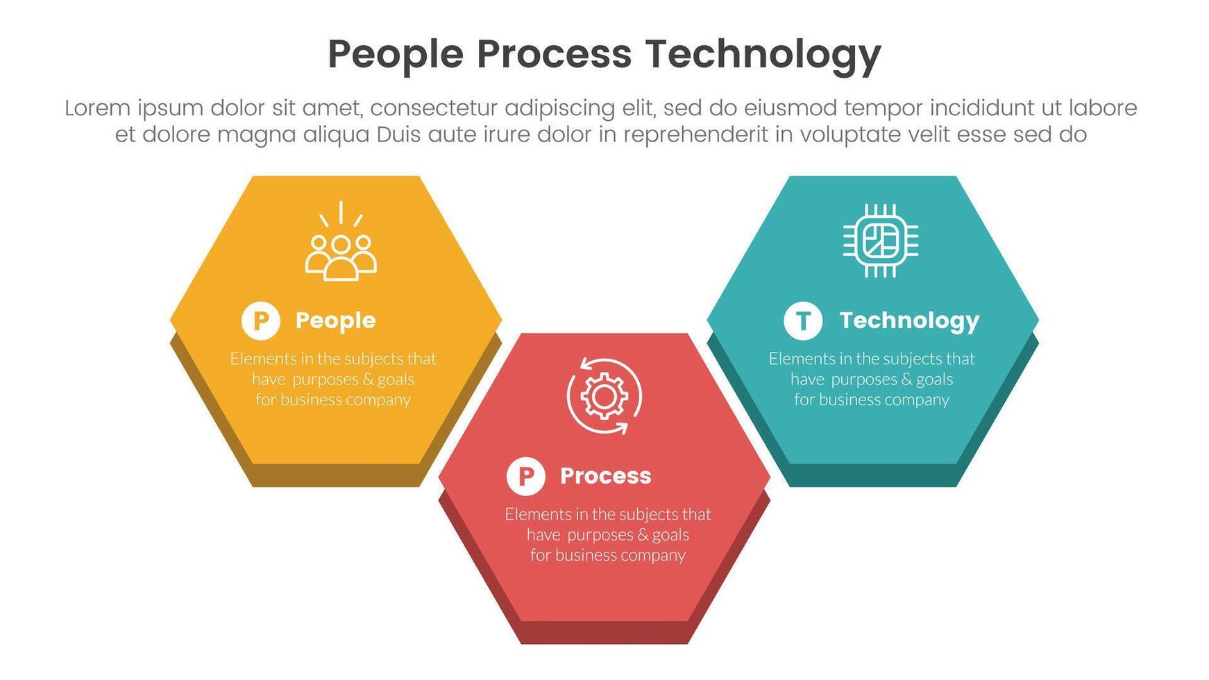 PPT framework people process technology infographic 3 point with big hexagonal up and down shape for slide presentation vector