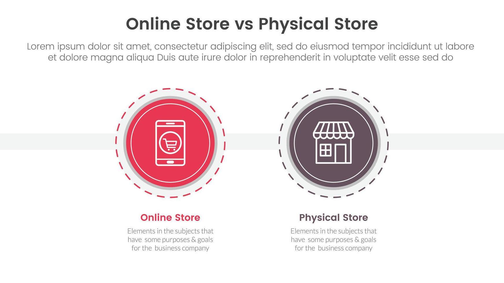 online store vs brick mortar or physical store comparison concept for infographic template banner with big circle and outline style dotted with two point list information vector