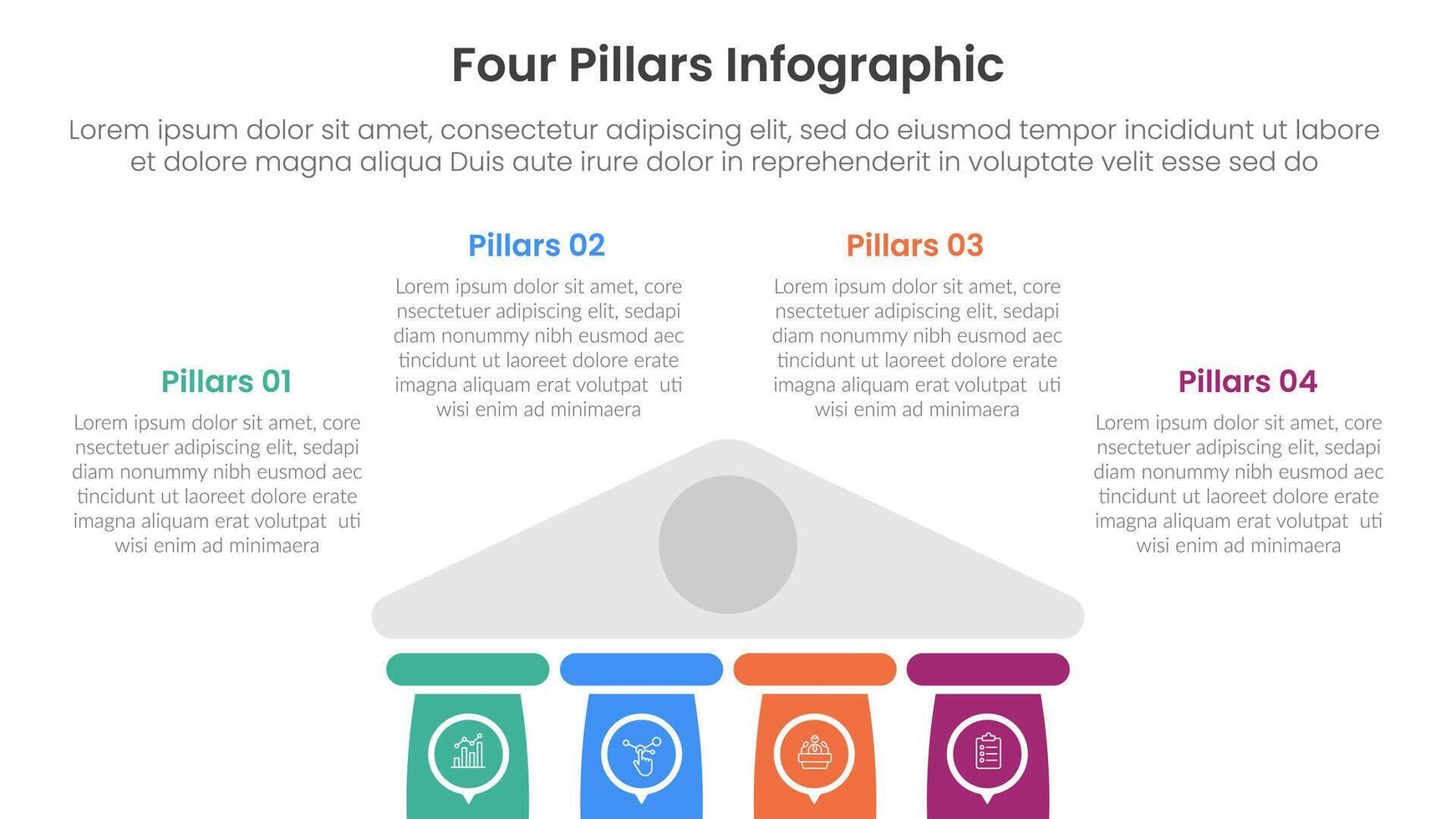 Four pillars framework with ancient classic construction infographic with 4 point stage template with half bottom building on center for slide presentation vector