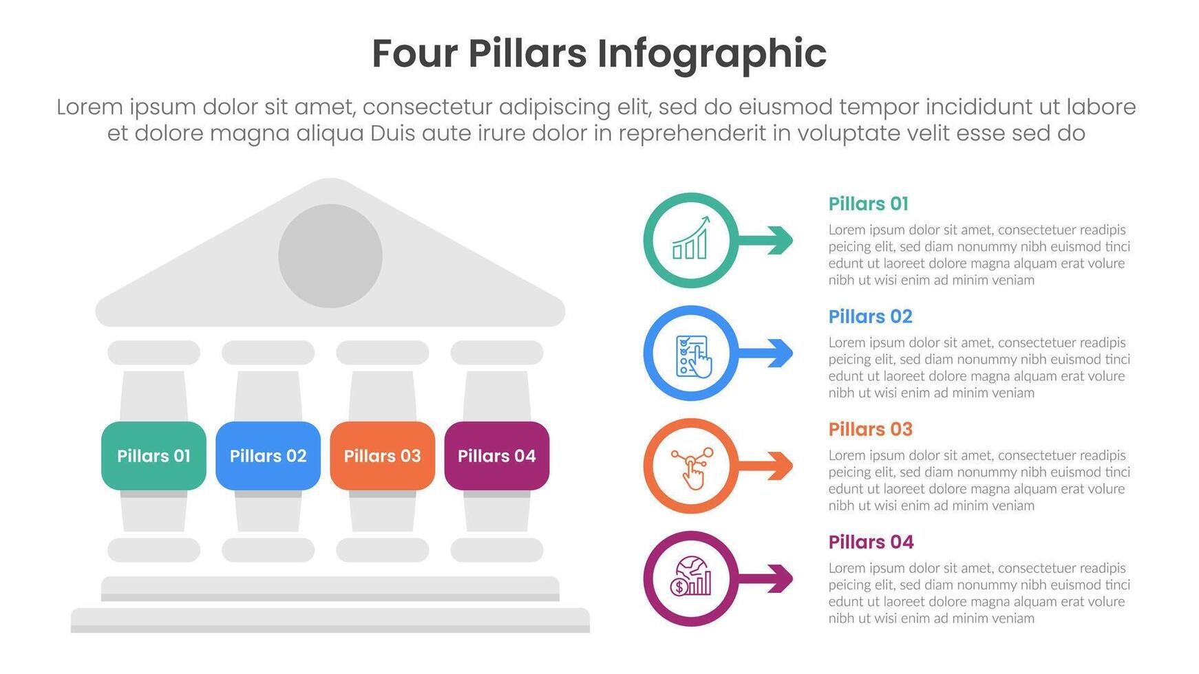 Four pillars framework with ancient classic construction infographic with 4 point stage template with left column and outline circle arrow for slide presentation vector