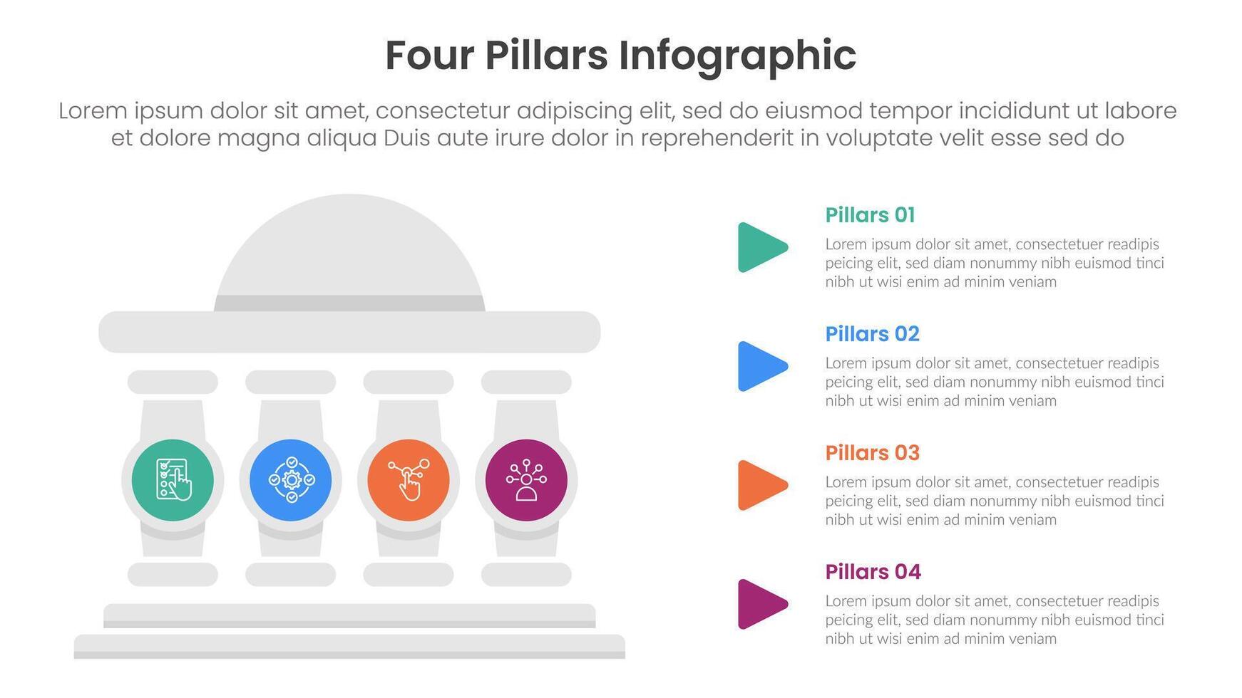 Four pillars framework with ancient classic construction infographic with 4 point stage template with round building and circle pillar badge for slide presentation vector