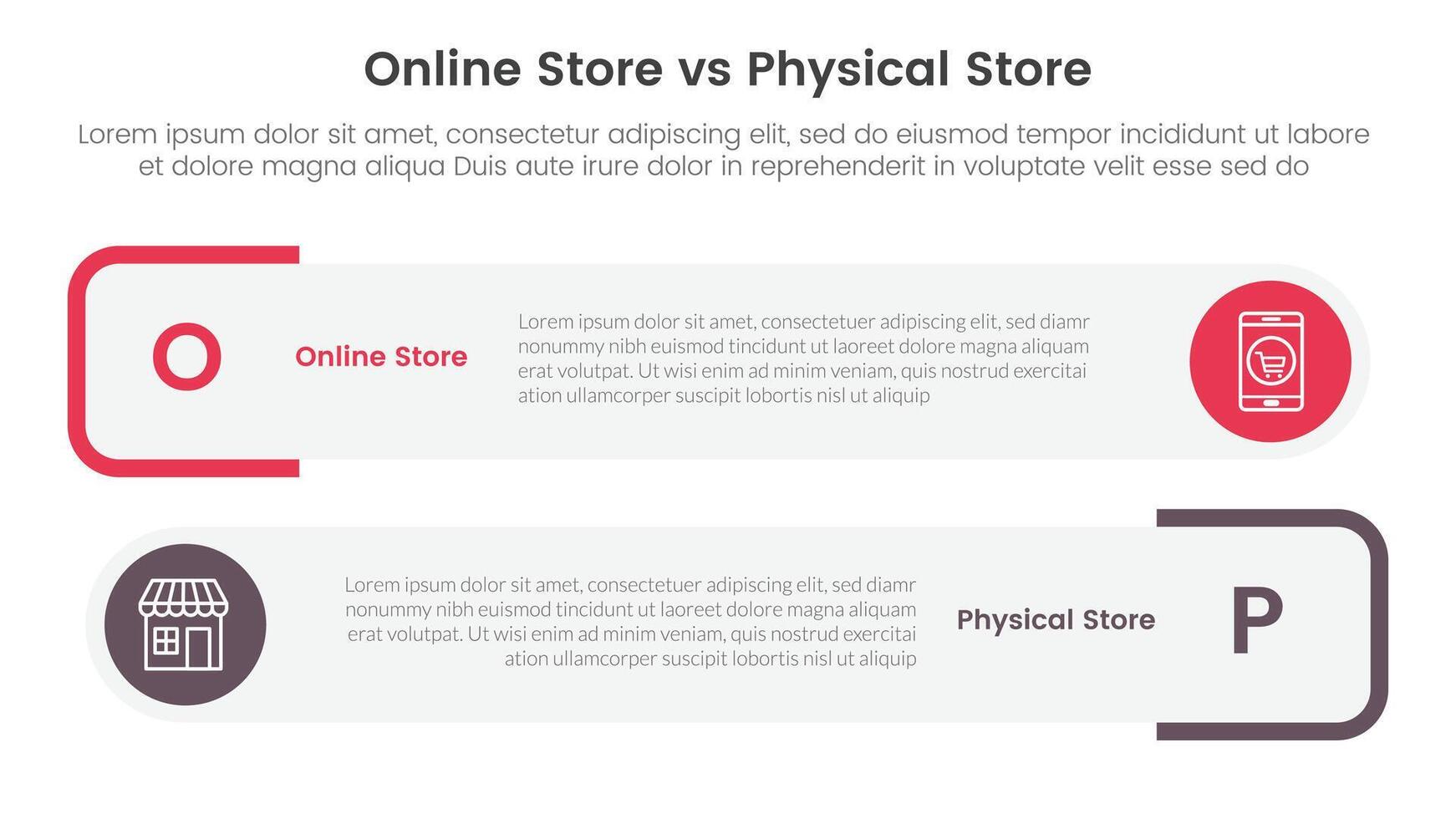 online store vs brick mortar or physical store comparison concept for infographic template banner with round rectangle box stack with two point list information vector