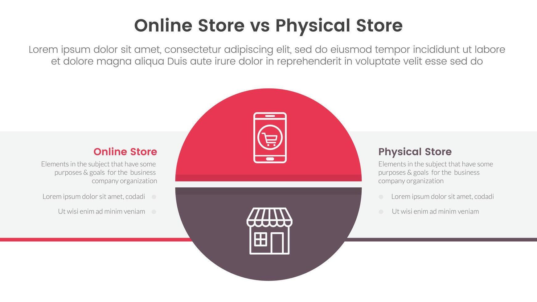 online store vs brick mortar or physical store comparison concept for infographic template banner with big circle divided and box rectangle with two point list information vector