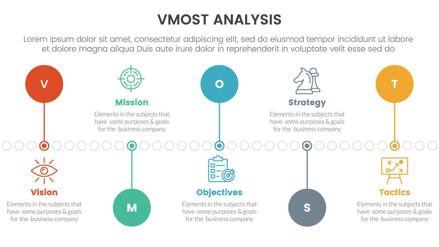 vmost analysis model framework infographic with 5 point stage template with timeline circle point up and down for slide presentation vector