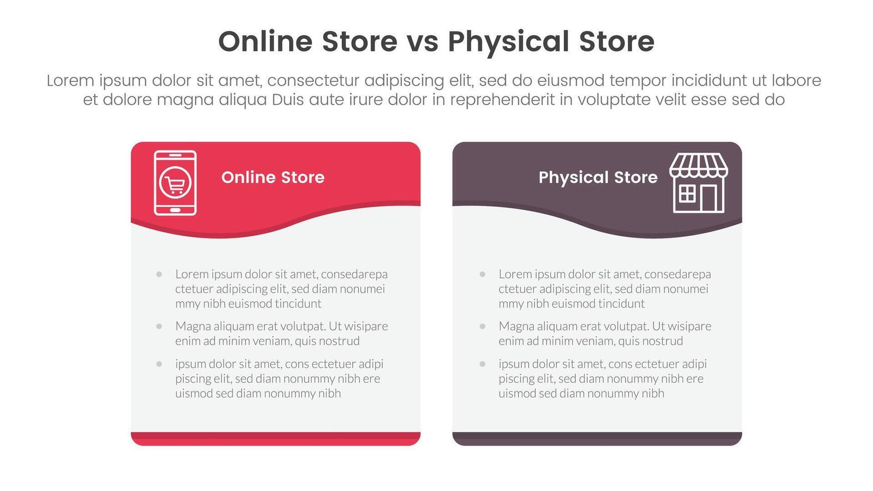 online store vs brick mortar or physical store comparison concept for infographic template banner with wave swirl curve table box with two point list information vector
