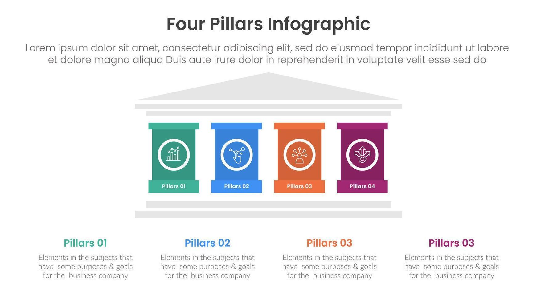 Four pillars framework with ancient classic construction infographic with 4 point stage template with strong pillar building on center for slide presentation vector