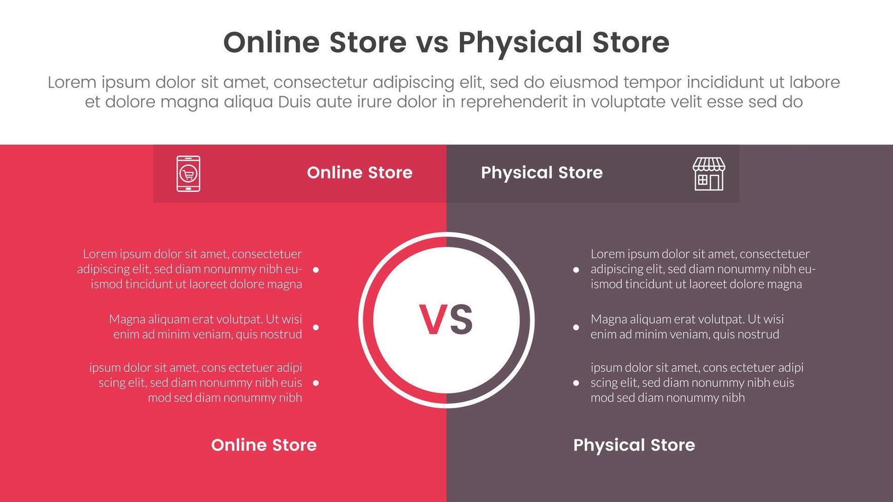 online store vs brick mortar or physical store comparison concept for infographic template banner with full page box background center with two point list information vector