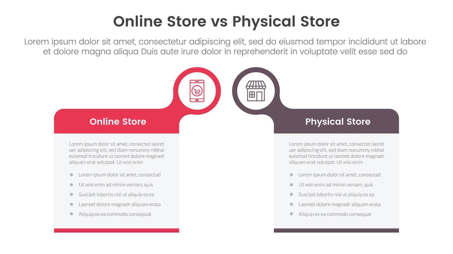 online store vs brick mortar or physical store comparison concept for infographic template banner with big box table with bubble circle header badge with two point list information vector