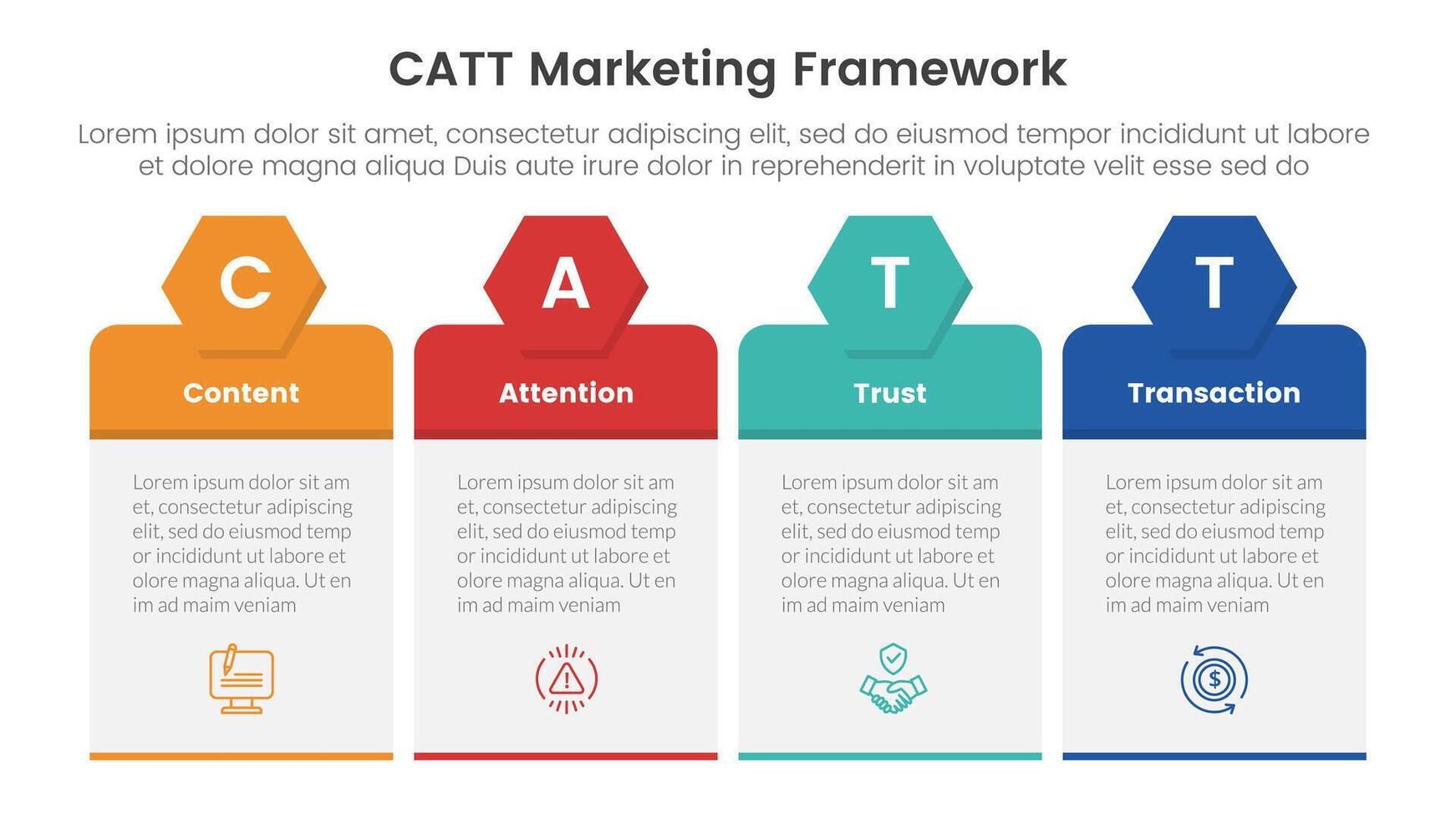 catt marketing framework infographic 4 point stage template with table box with hexagon header for slide presentation vector