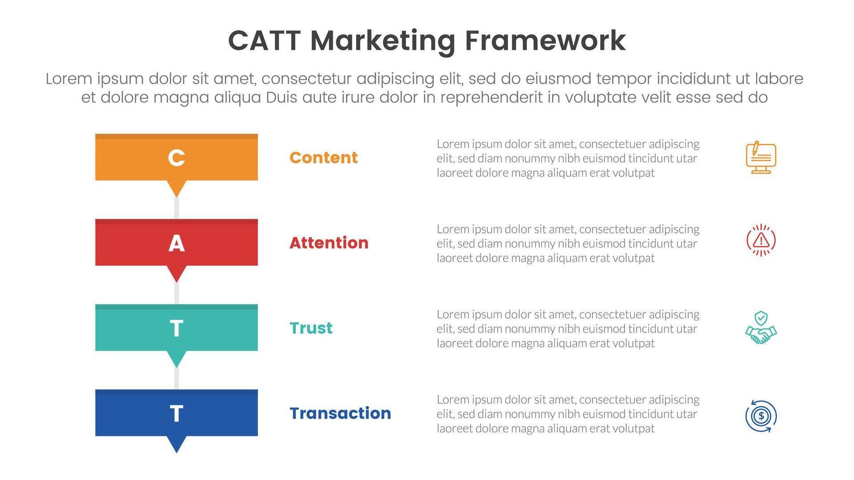 catt marketing framework infographic 4 point stage template with rectangle box stack with small arrow bottom for slide presentation vector
